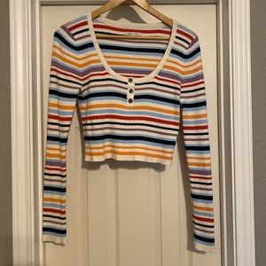 American Eagle Cropped Long Sleeve Sweater | size L | Rainbow Striped Knit Top